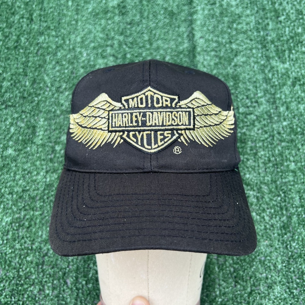 Vintage Annco Harley-Davidson Gold Wings Snapback Hat Black Biker Motorcycle 90s